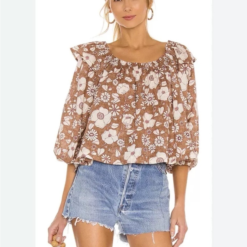 Free People Miss Daisy Floral Printed Top Long Sleeve Off Shoulder Brown Sz L